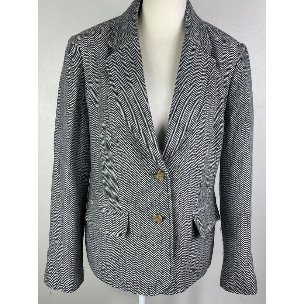Vintage Womens Wool Blend Blazer Gray Herringbone Tweed Med English Countryside